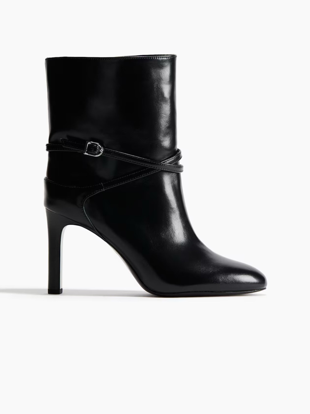 H&M Black Leather Stiletto Ankle Boots with Wrap Strap